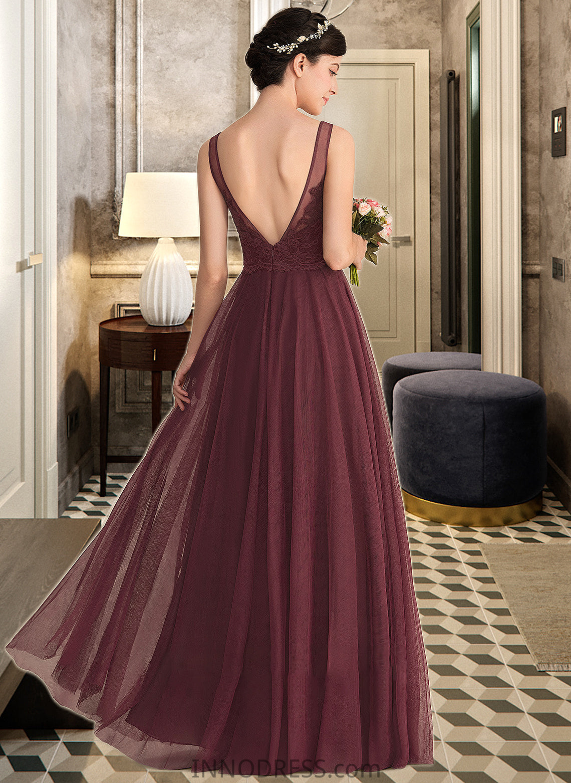 Ellen A-Line/Princess V-neck Floor-Length Tulle Lace Bridesmaid Dress DPP0013295