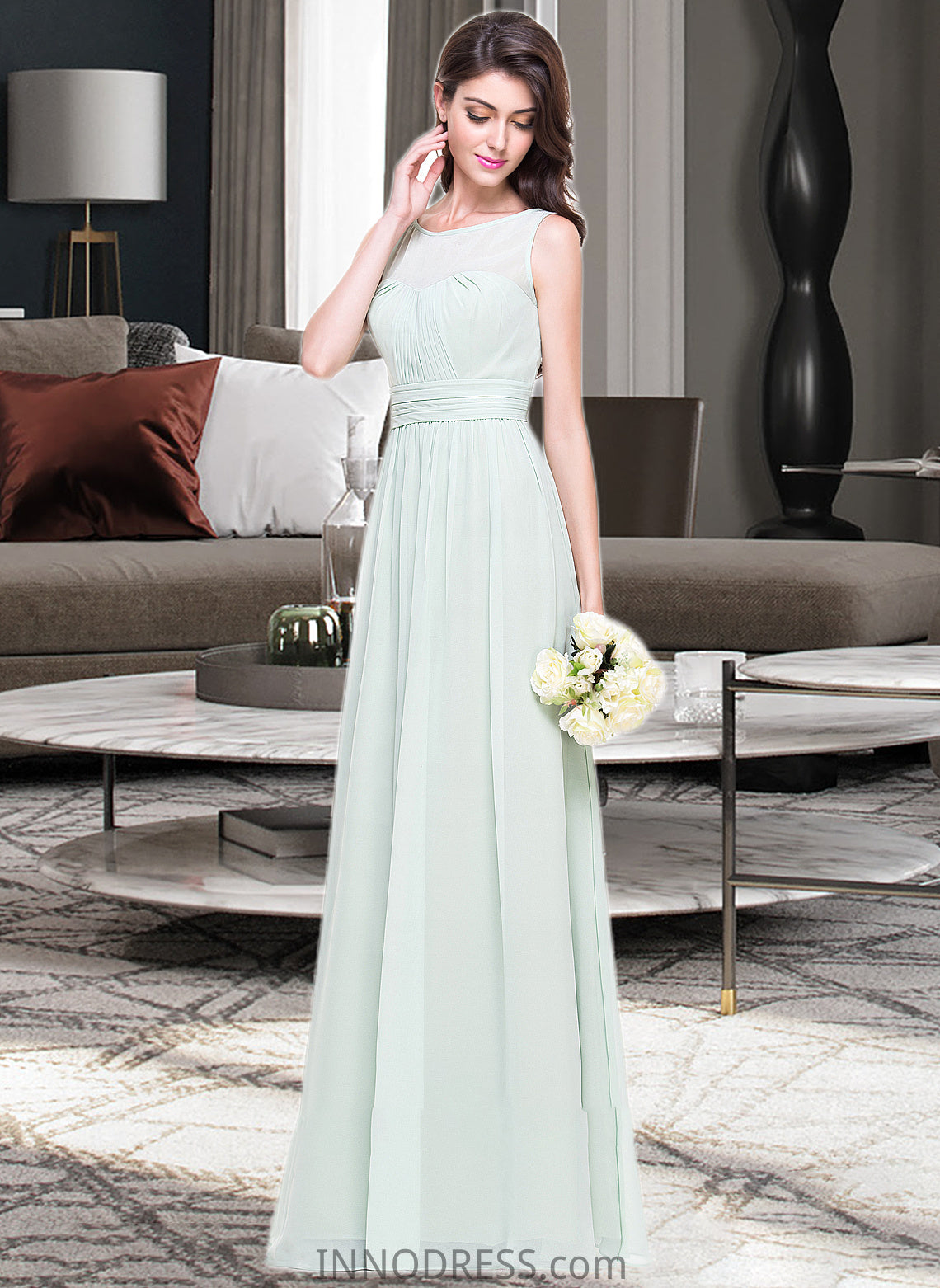 Sandra A-Line Scoop Neck Floor-Length Chiffon Bridesmaid Dress With Ruffle DPP0013296