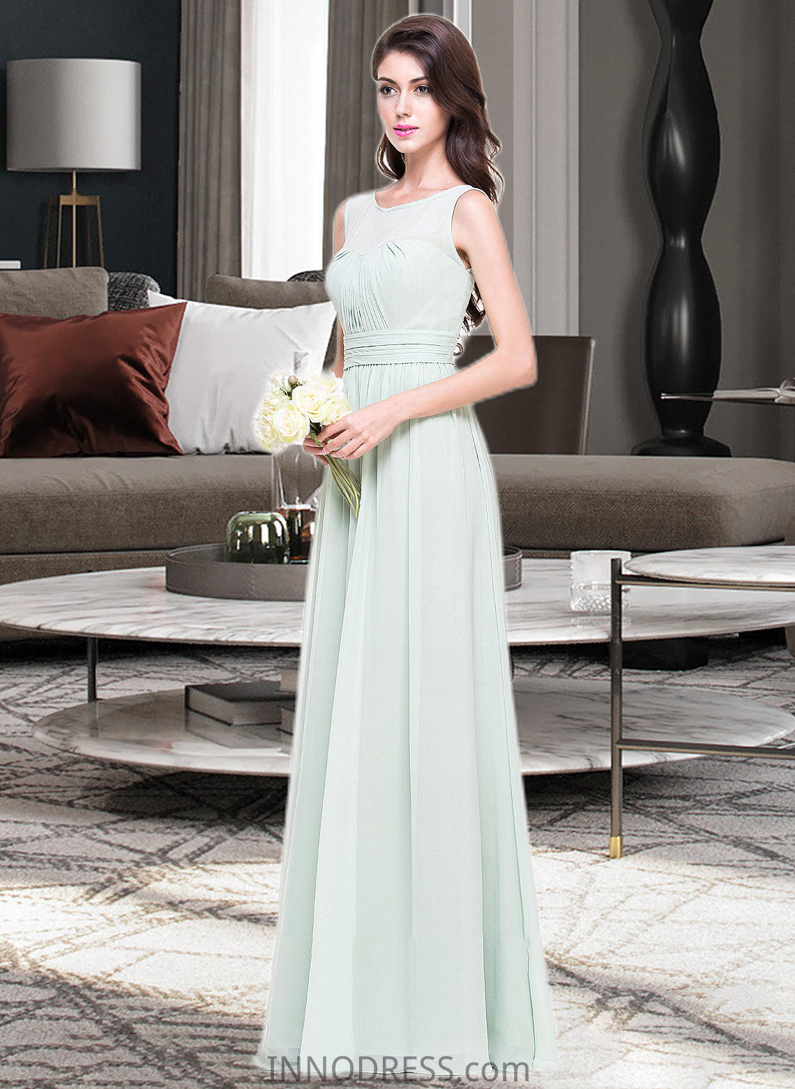 Sandra A-Line Scoop Neck Floor-Length Chiffon Bridesmaid Dress With Ruffle DPP0013296