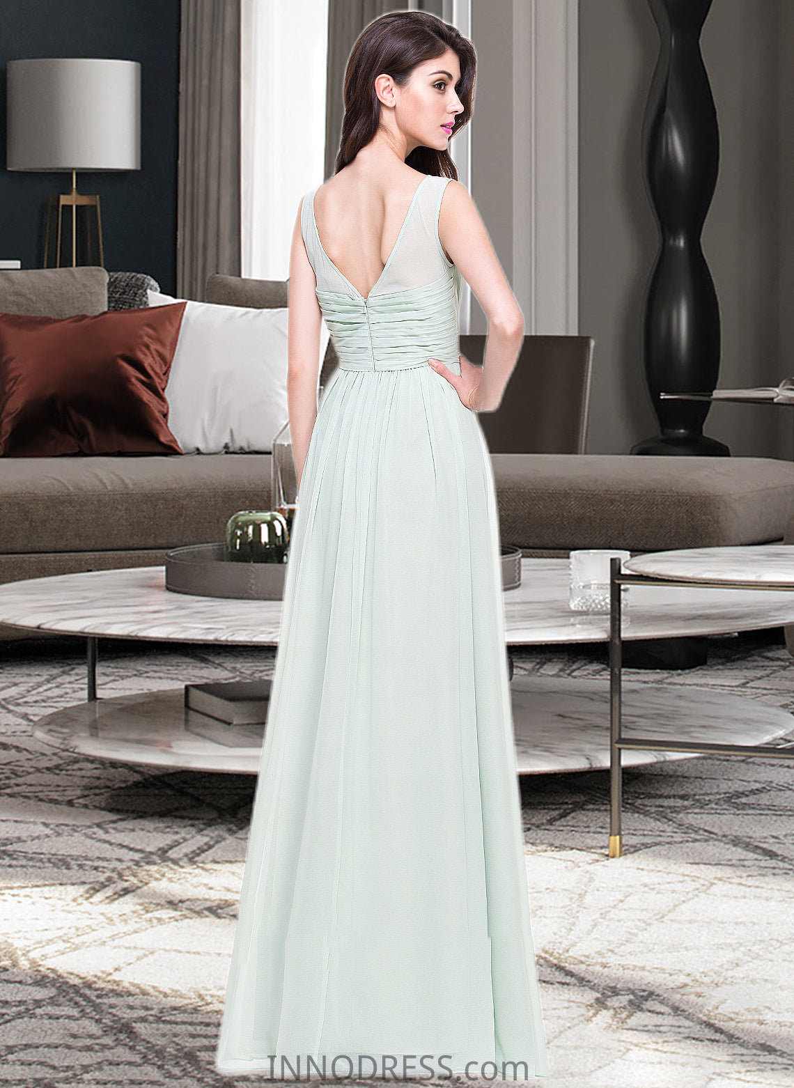 Sandra A-Line Scoop Neck Floor-Length Chiffon Bridesmaid Dress With Ruffle DPP0013296