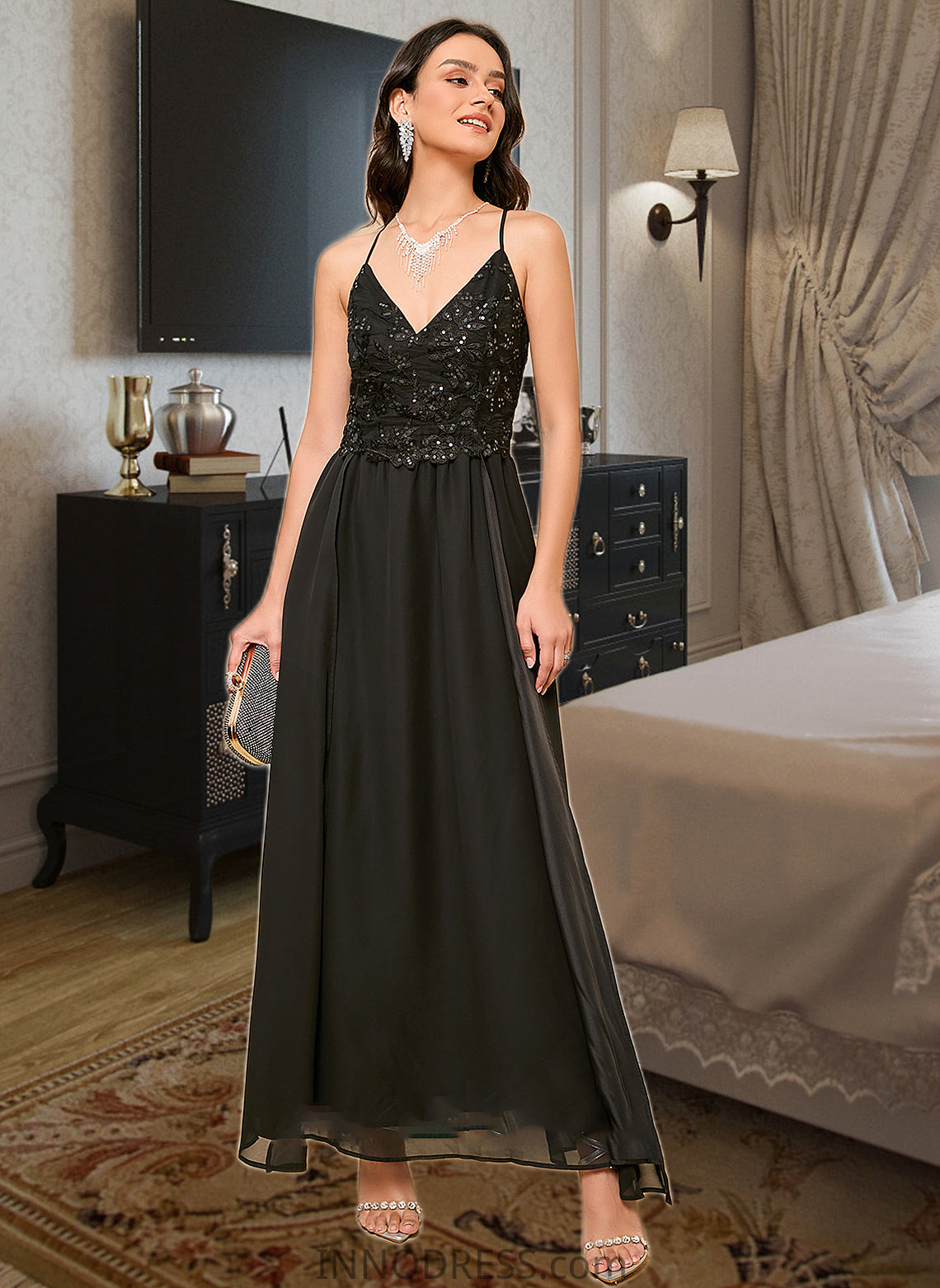 Sasha A-LineV-neckAnkle-LengthBridesmaidDressWithSequinsSplitFront#273658 DPP0013298