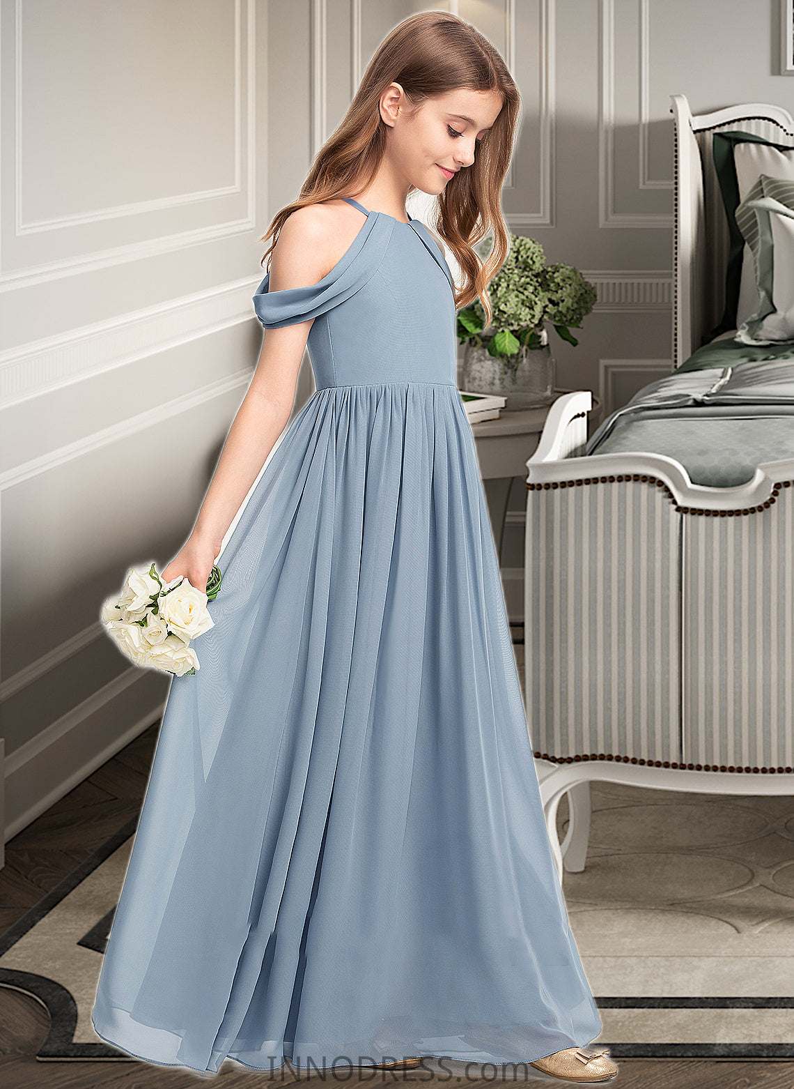 Paula A-Line Scoop Neck Floor-Length Chiffon Junior Bridesmaid Dress With Ruffle DPP0013302