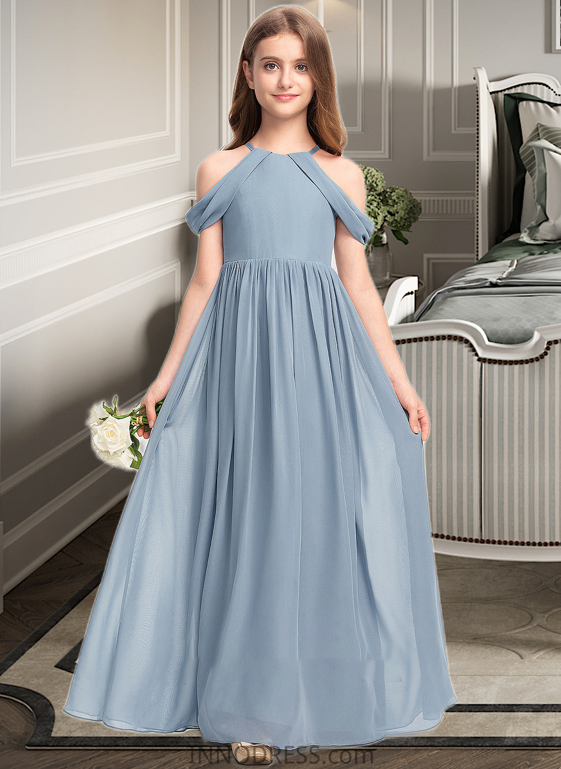 Paula A-Line Scoop Neck Floor-Length Chiffon Junior Bridesmaid Dress With Ruffle DPP0013302