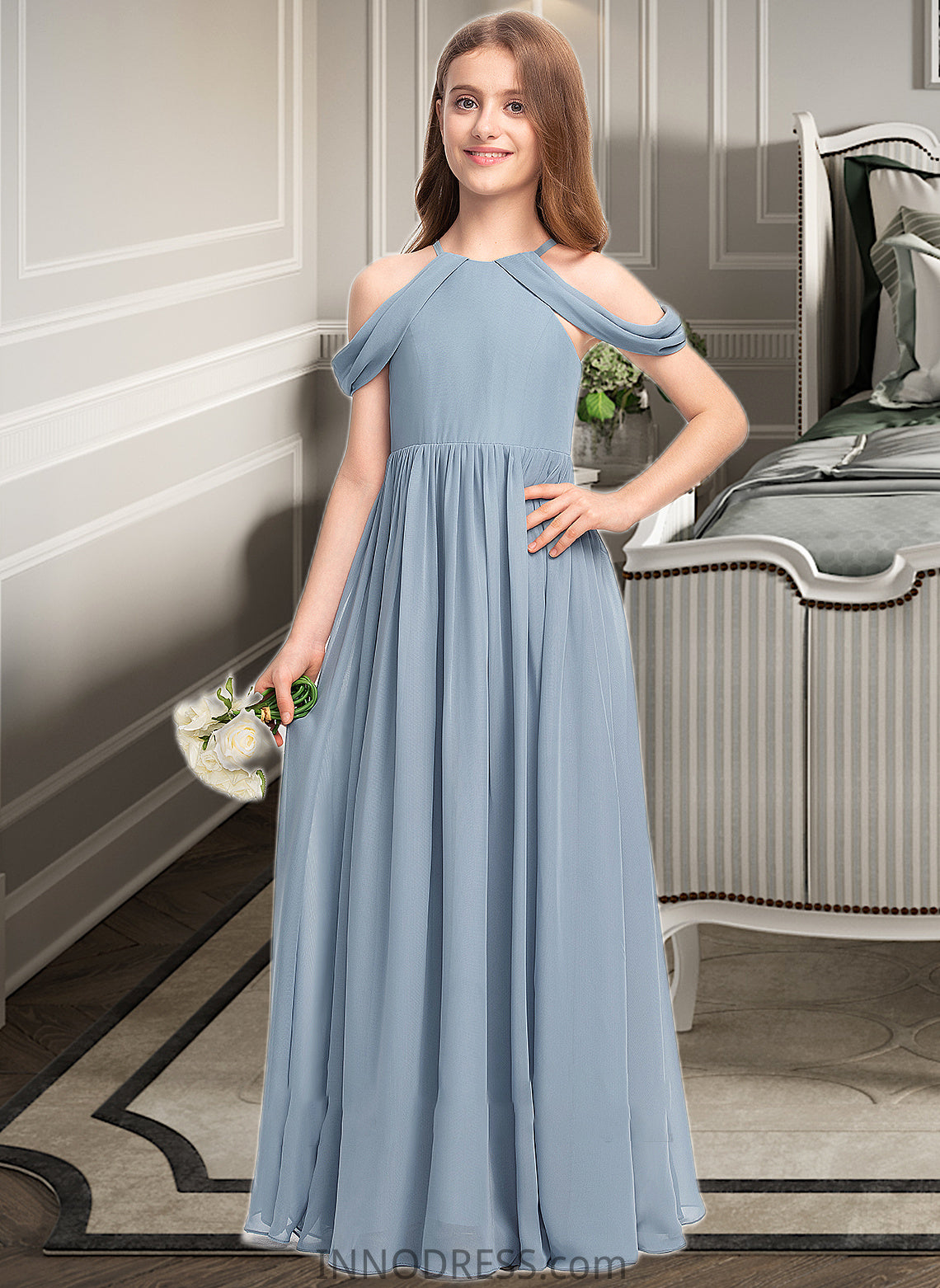 Paula A-Line Scoop Neck Floor-Length Chiffon Junior Bridesmaid Dress With Ruffle DPP0013302