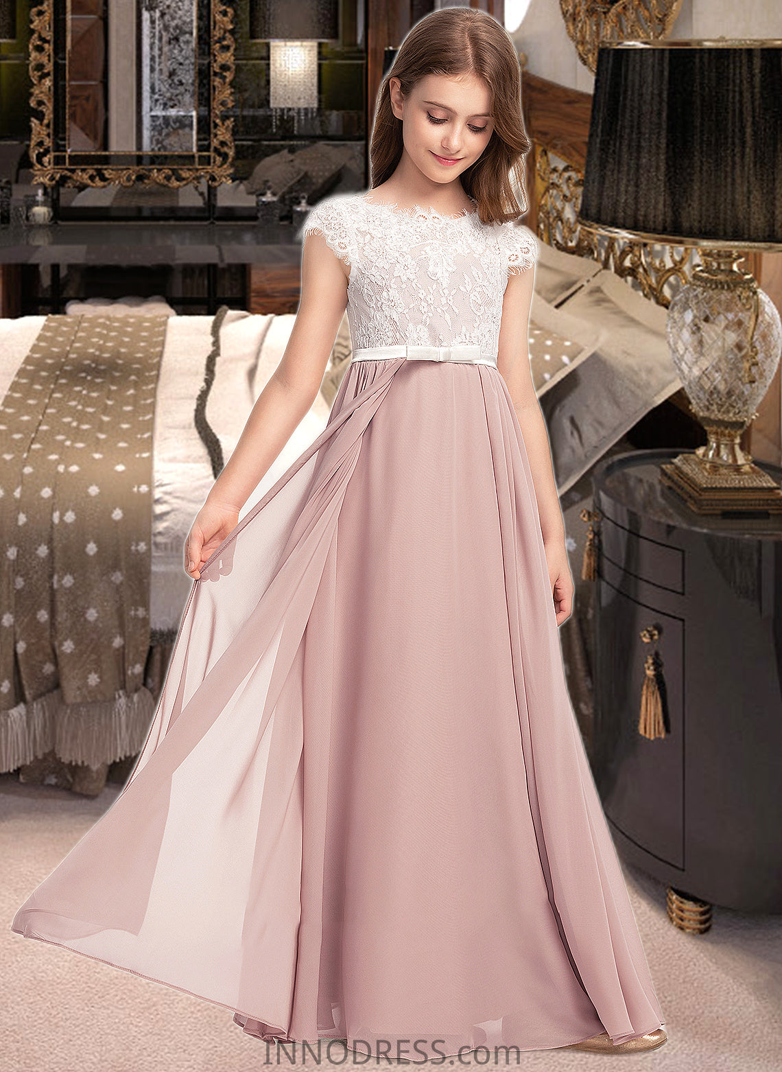 Erica A-Line Scoop Neck Floor-Length Chiffon Lace Junior Bridesmaid Dress With Bow(s) DPP0013305