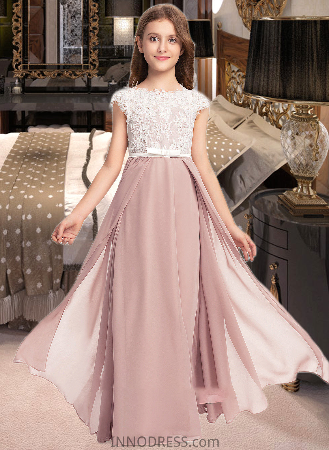 Erica A-Line Scoop Neck Floor-Length Chiffon Lace Junior Bridesmaid Dress With Bow(s) DPP0013305