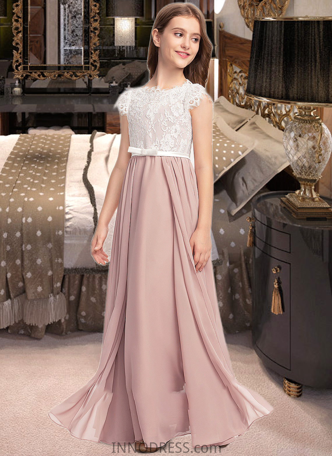 Erica A-Line Scoop Neck Floor-Length Chiffon Lace Junior Bridesmaid Dress With Bow(s) DPP0013305