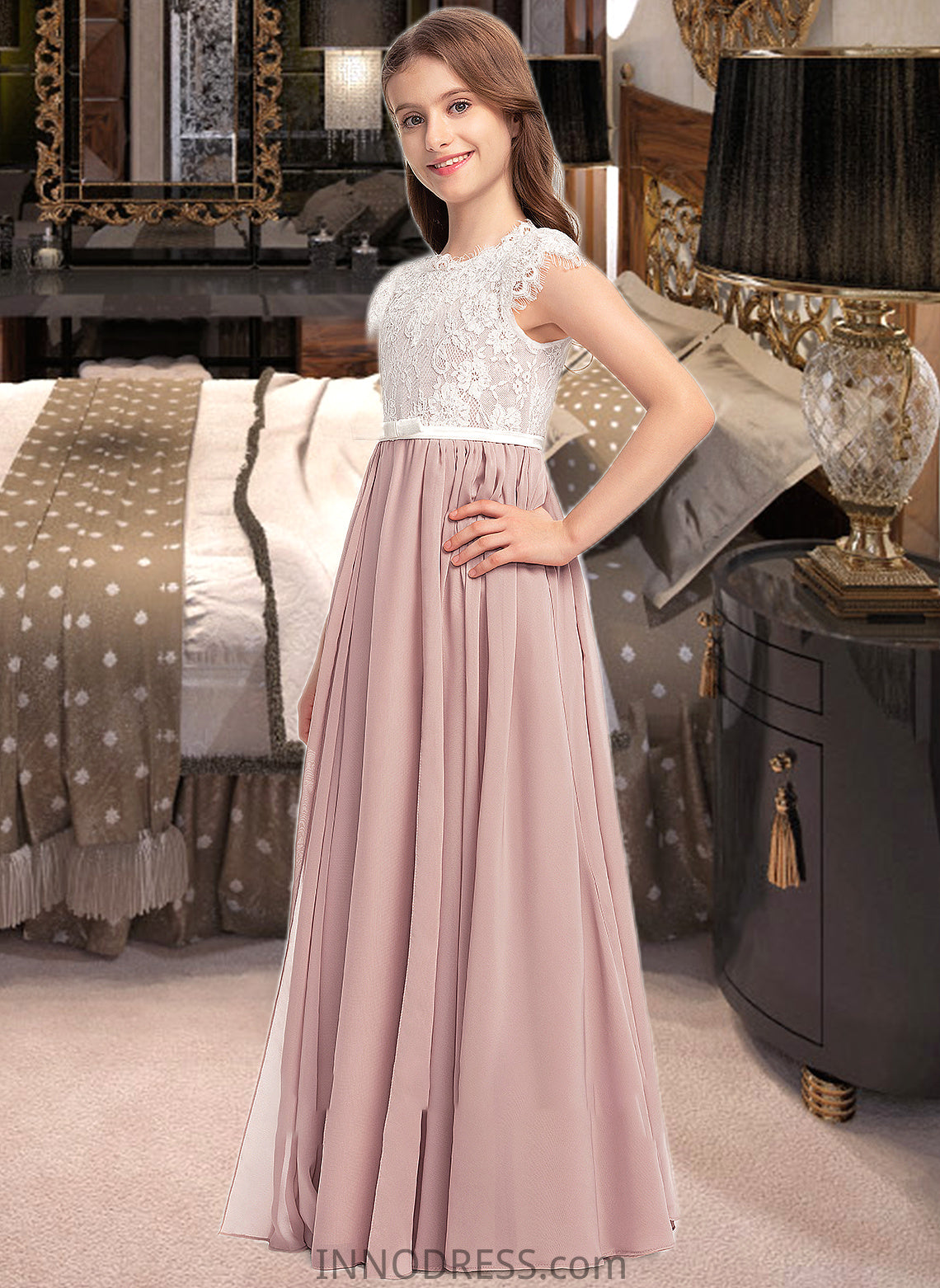 Erica A-Line Scoop Neck Floor-Length Chiffon Lace Junior Bridesmaid Dress With Bow(s) DPP0013305