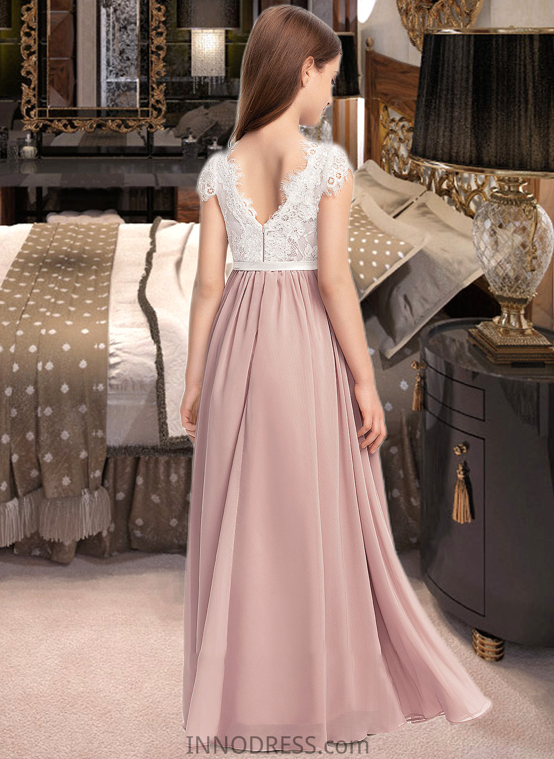 Erica A-Line Scoop Neck Floor-Length Chiffon Lace Junior Bridesmaid Dress With Bow(s) DPP0013305