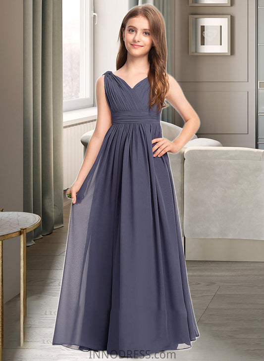 Maribel A-Line V-neck Floor-Length Chiffon Junior Bridesmaid Dress With Ruffle DPP0013307