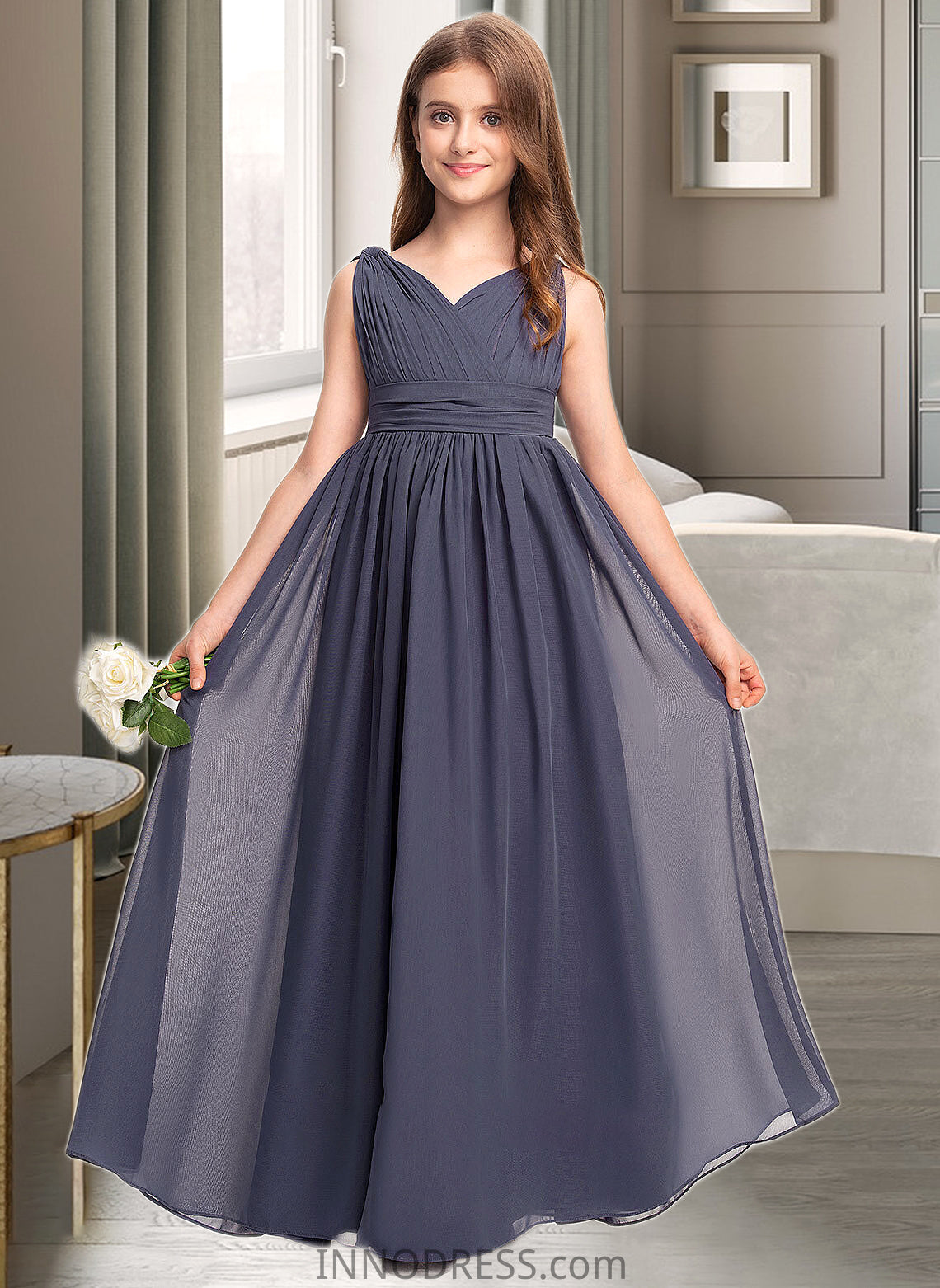 Maribel A-Line V-neck Floor-Length Chiffon Junior Bridesmaid Dress With Ruffle DPP0013307