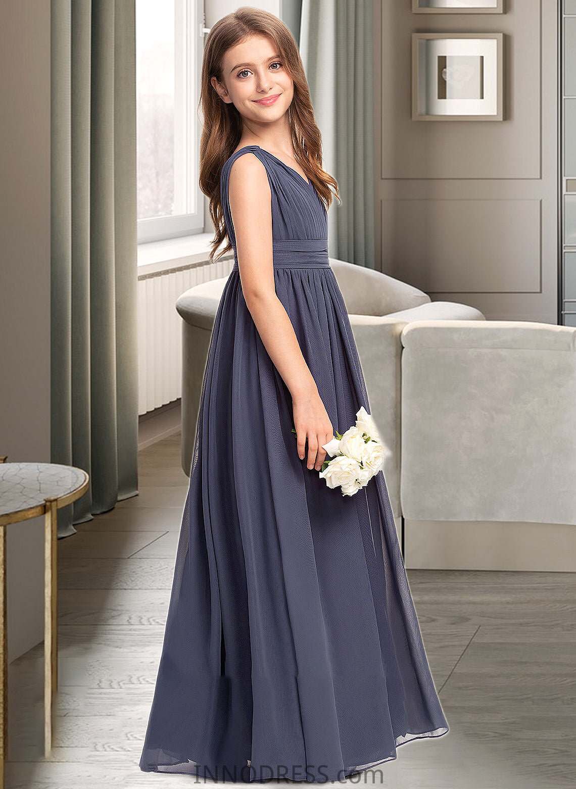 Maribel A-Line V-neck Floor-Length Chiffon Junior Bridesmaid Dress With Ruffle DPP0013307