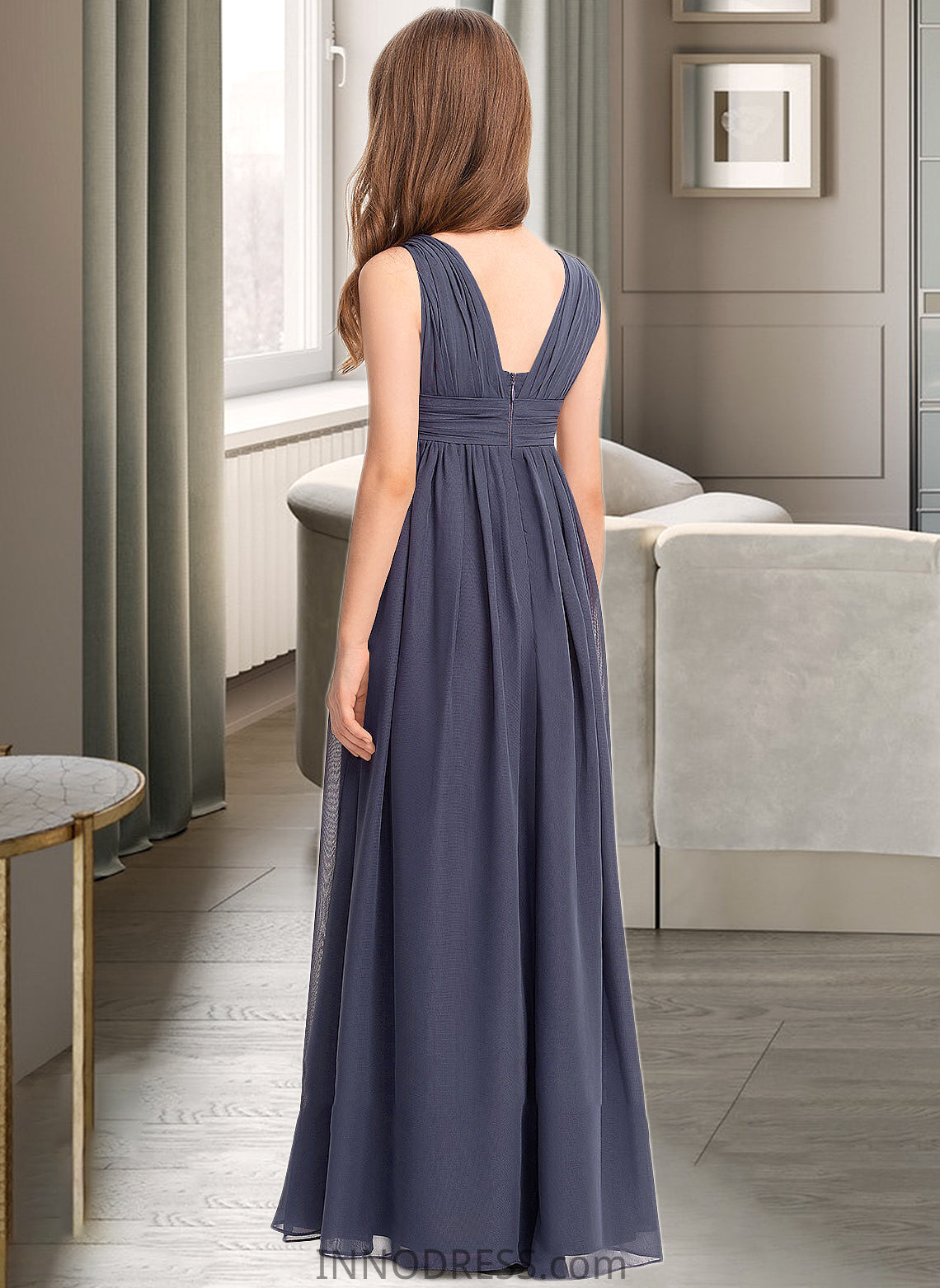 Maribel A-Line V-neck Floor-Length Chiffon Junior Bridesmaid Dress With Ruffle DPP0013307