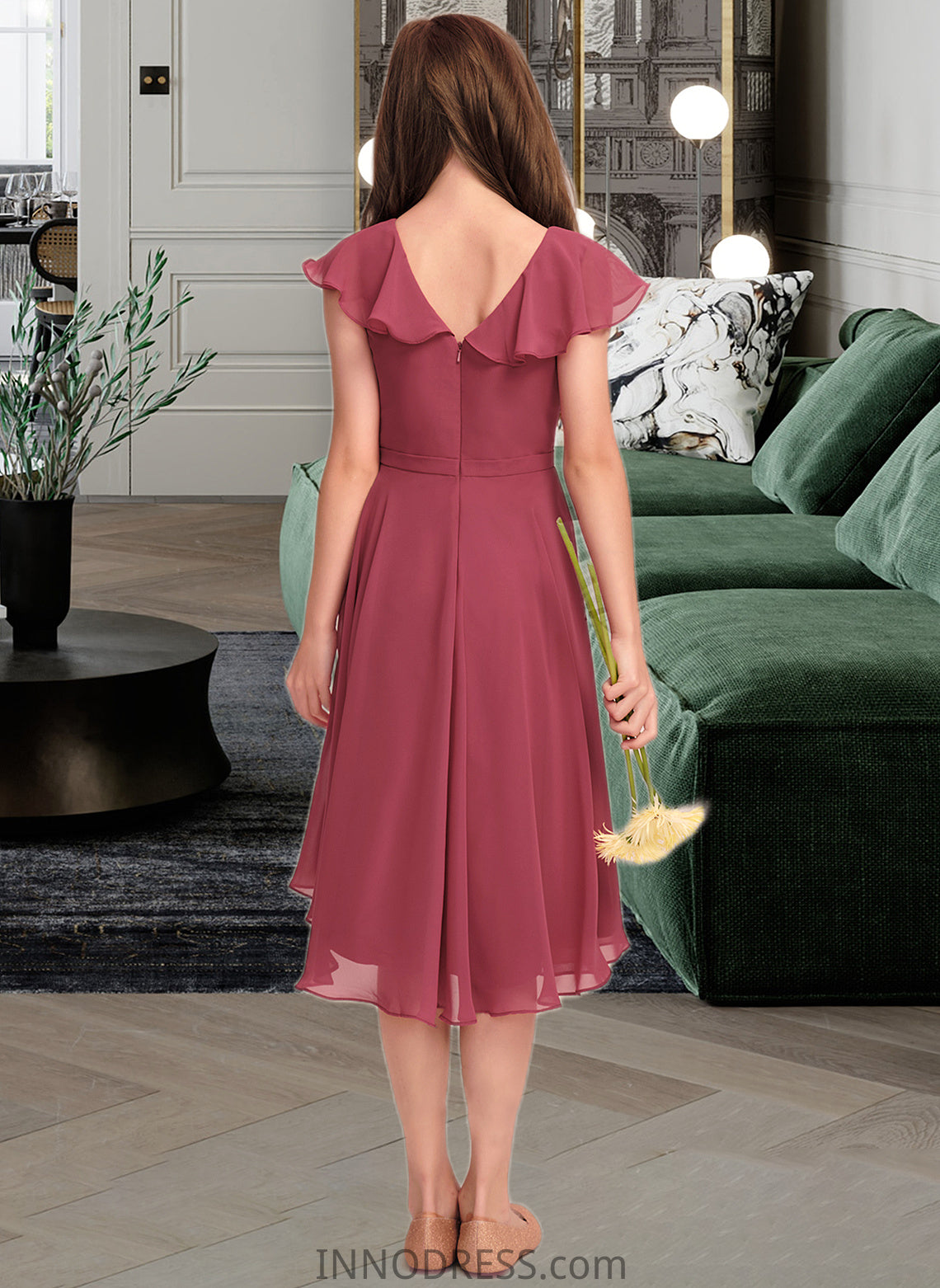 Aaliyah A-Line V-neck Asymmetrical Chiffon Junior Bridesmaid Dress With Cascading Ruffles DPP0013309