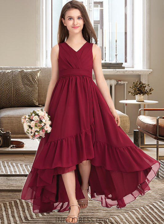 Jocelynn A-Line V-neck Asymmetrical Chiffon Junior Bridesmaid Dress With Bow(s) Cascading Ruffles DPP0013310