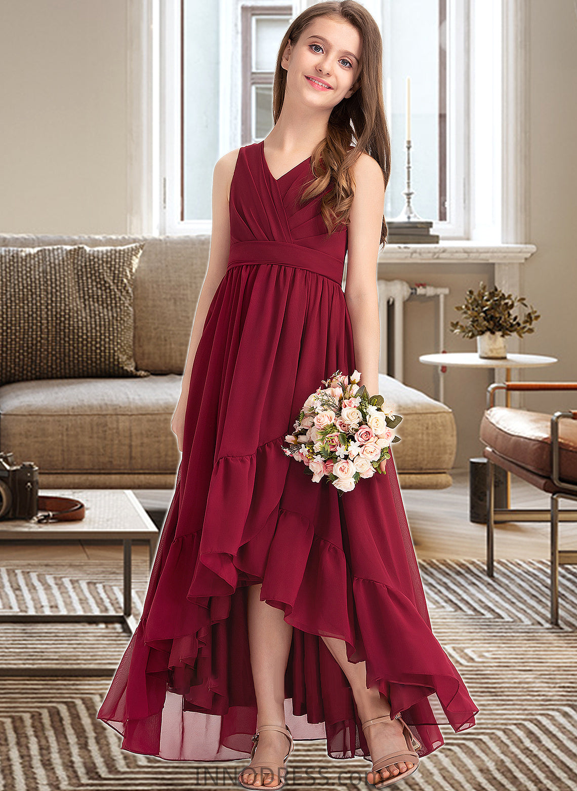 Jocelynn A-Line V-neck Asymmetrical Chiffon Junior Bridesmaid Dress With Bow(s) Cascading Ruffles DPP0013310