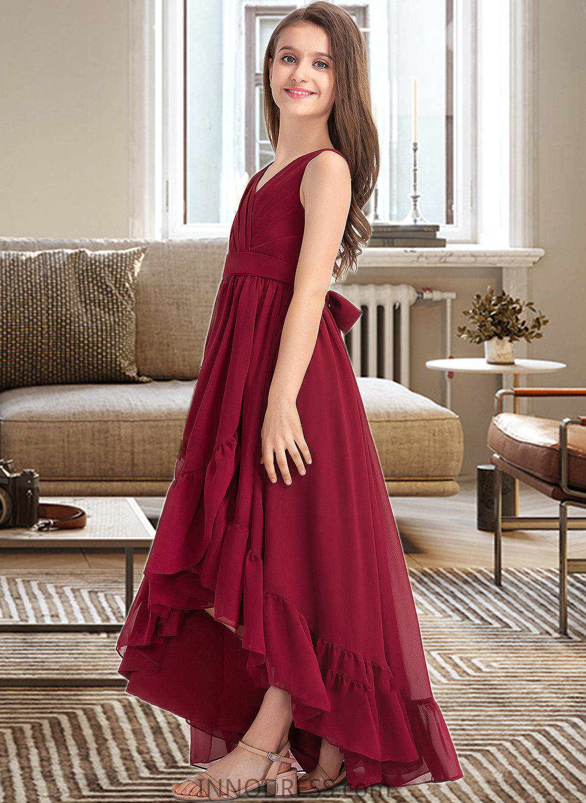 Jocelynn A-Line V-neck Asymmetrical Chiffon Junior Bridesmaid Dress With Bow(s) Cascading Ruffles DPP0013310