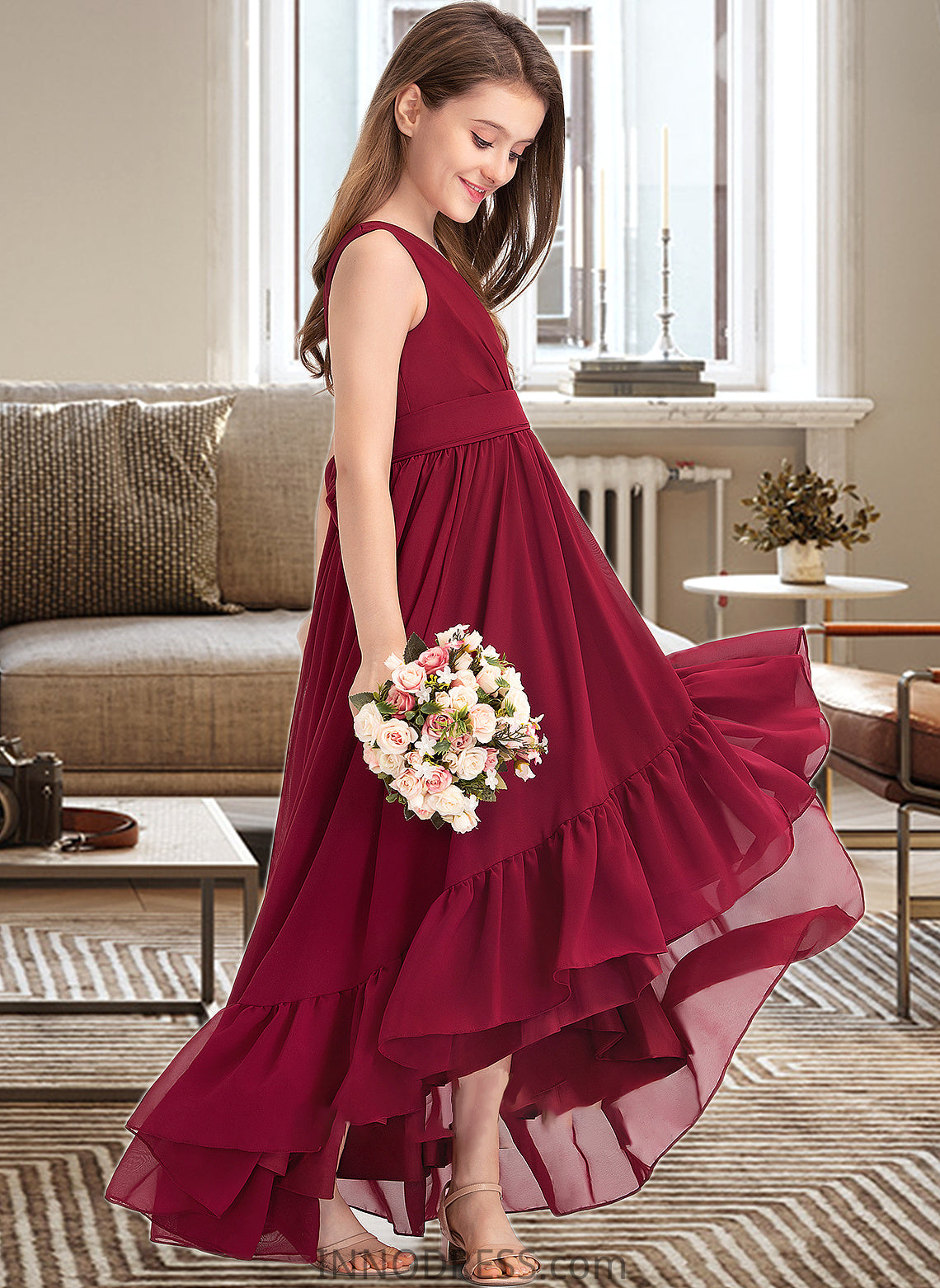 Jocelynn A-Line V-neck Asymmetrical Chiffon Junior Bridesmaid Dress With Bow(s) Cascading Ruffles DPP0013310