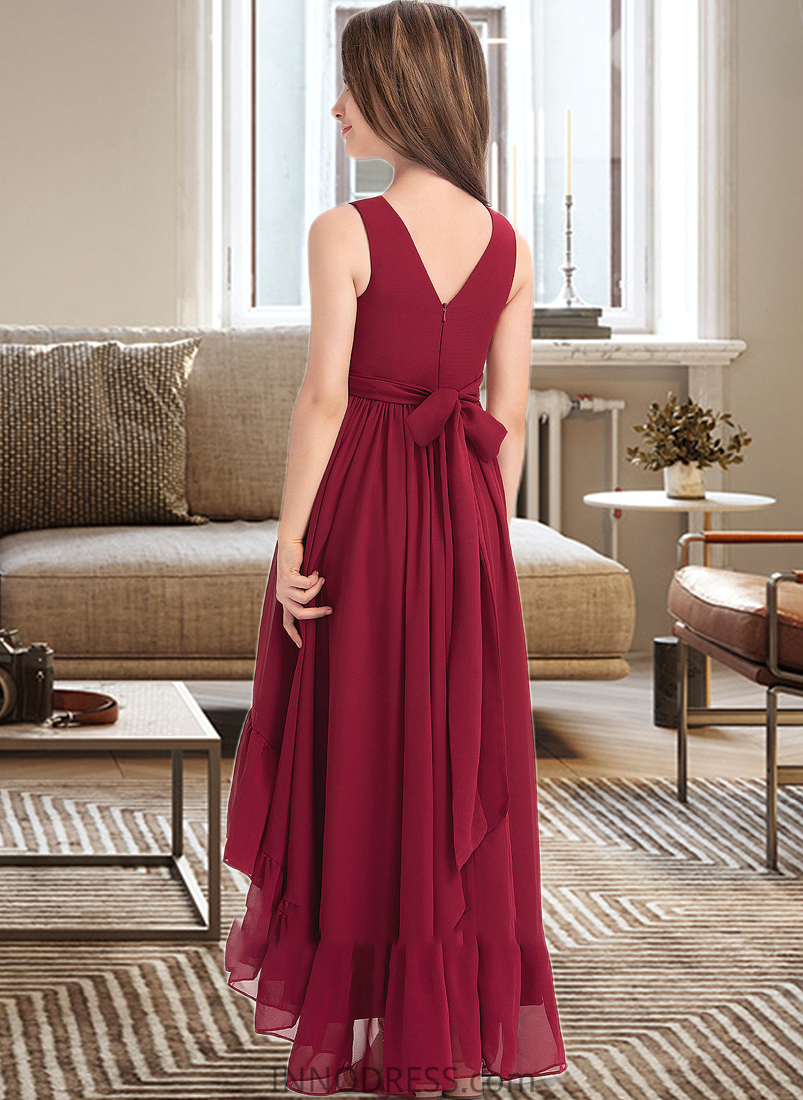 Jocelynn A-Line V-neck Asymmetrical Chiffon Junior Bridesmaid Dress With Bow(s) Cascading Ruffles DPP0013310