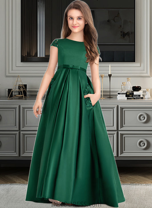 Kelsie Ball-Gown/Princess Scoop Neck Floor-Length Satin Lace Junior Bridesmaid Dress With Bow(s) Pockets DPP0013311