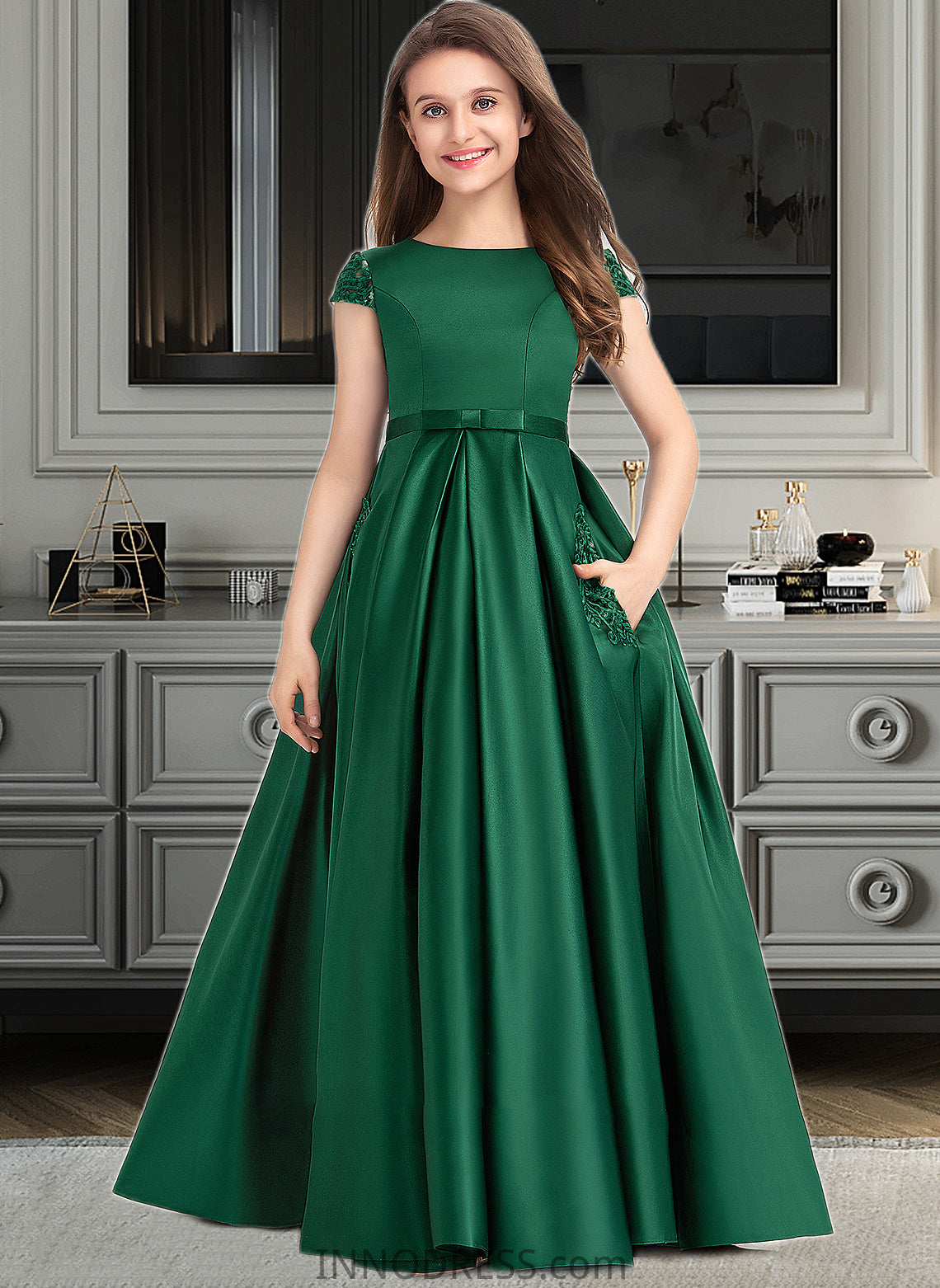 Kelsie Ball-Gown/Princess Scoop Neck Floor-Length Satin Lace Junior Bridesmaid Dress With Bow(s) Pockets DPP0013311