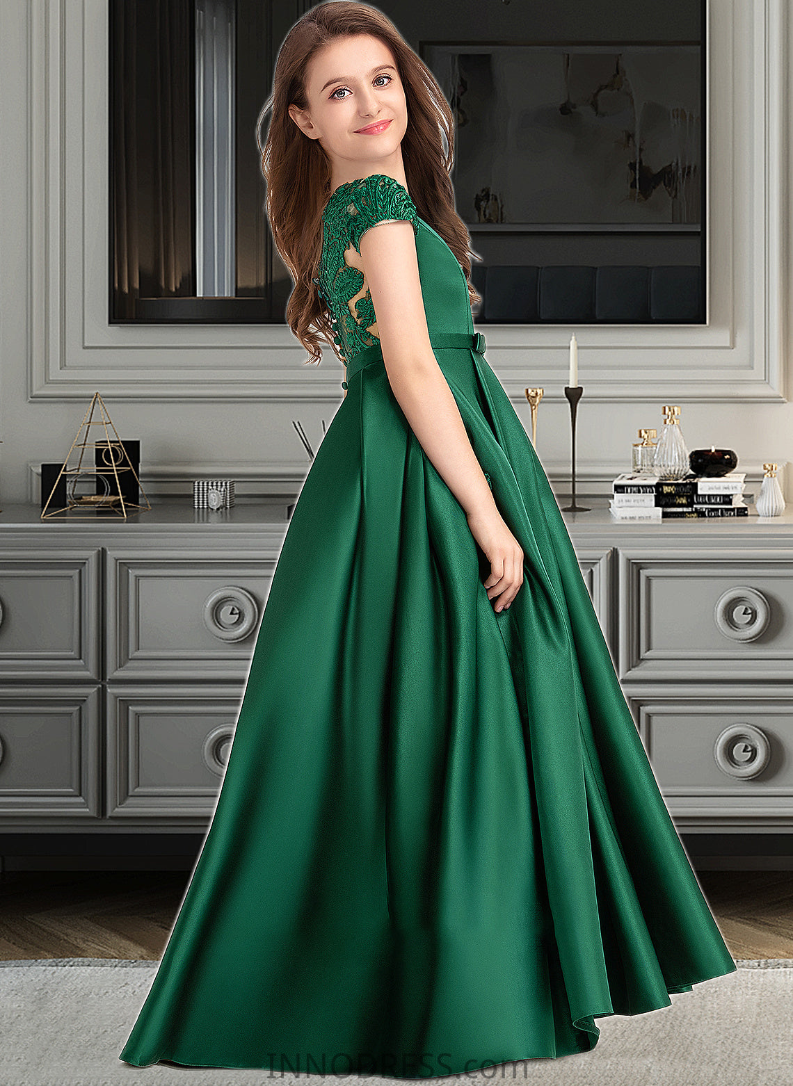 Kelsie Ball-Gown/Princess Scoop Neck Floor-Length Satin Lace Junior Bridesmaid Dress With Bow(s) Pockets DPP0013311