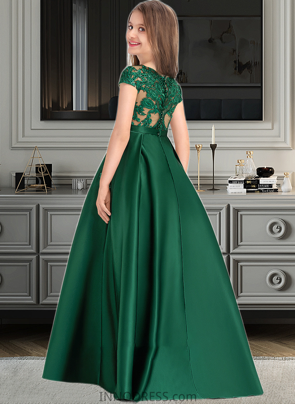 Kelsie Ball-Gown/Princess Scoop Neck Floor-Length Satin Lace Junior Bridesmaid Dress With Bow(s) Pockets DPP0013311