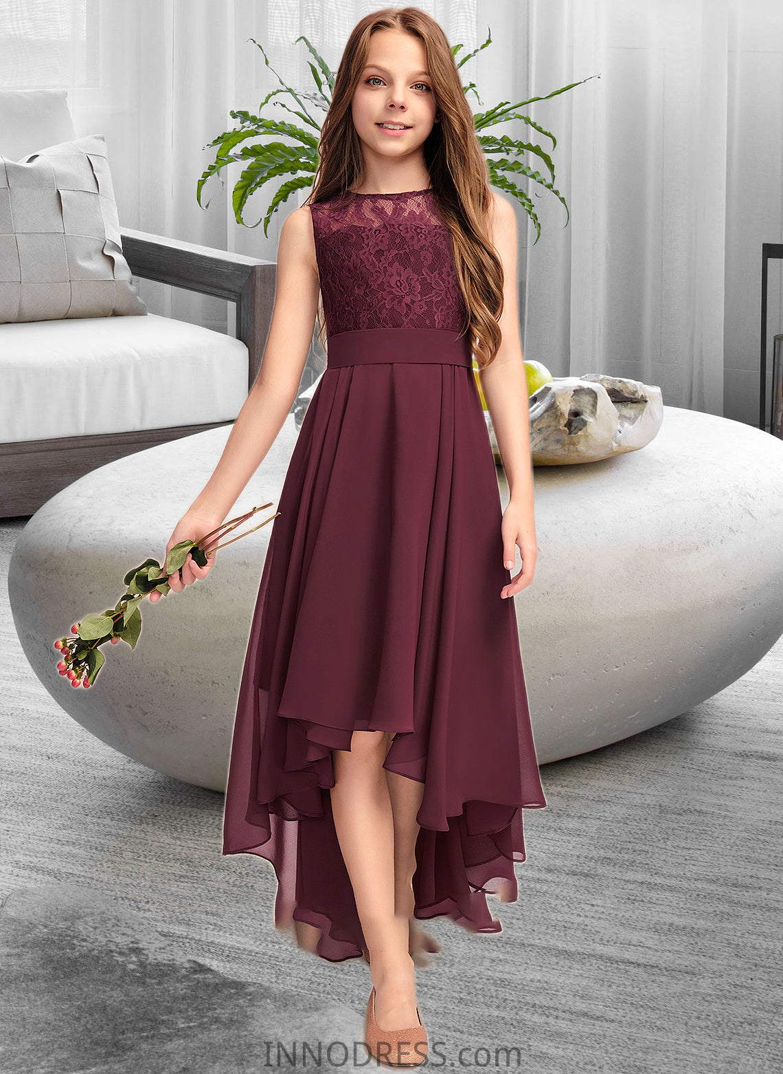 Kim A-Line Scoop Neck Asymmetrical Chiffon Lace Junior Bridesmaid Dress With Bow(s) DPP0013312