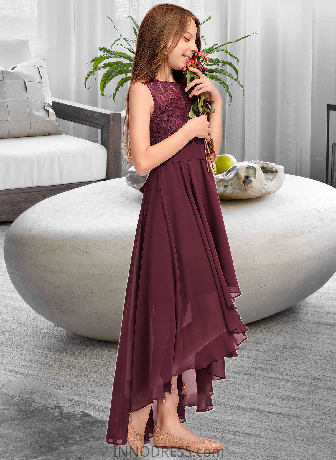 Kim A-Line Scoop Neck Asymmetrical Chiffon Lace Junior Bridesmaid Dress With Bow(s) DPP0013312