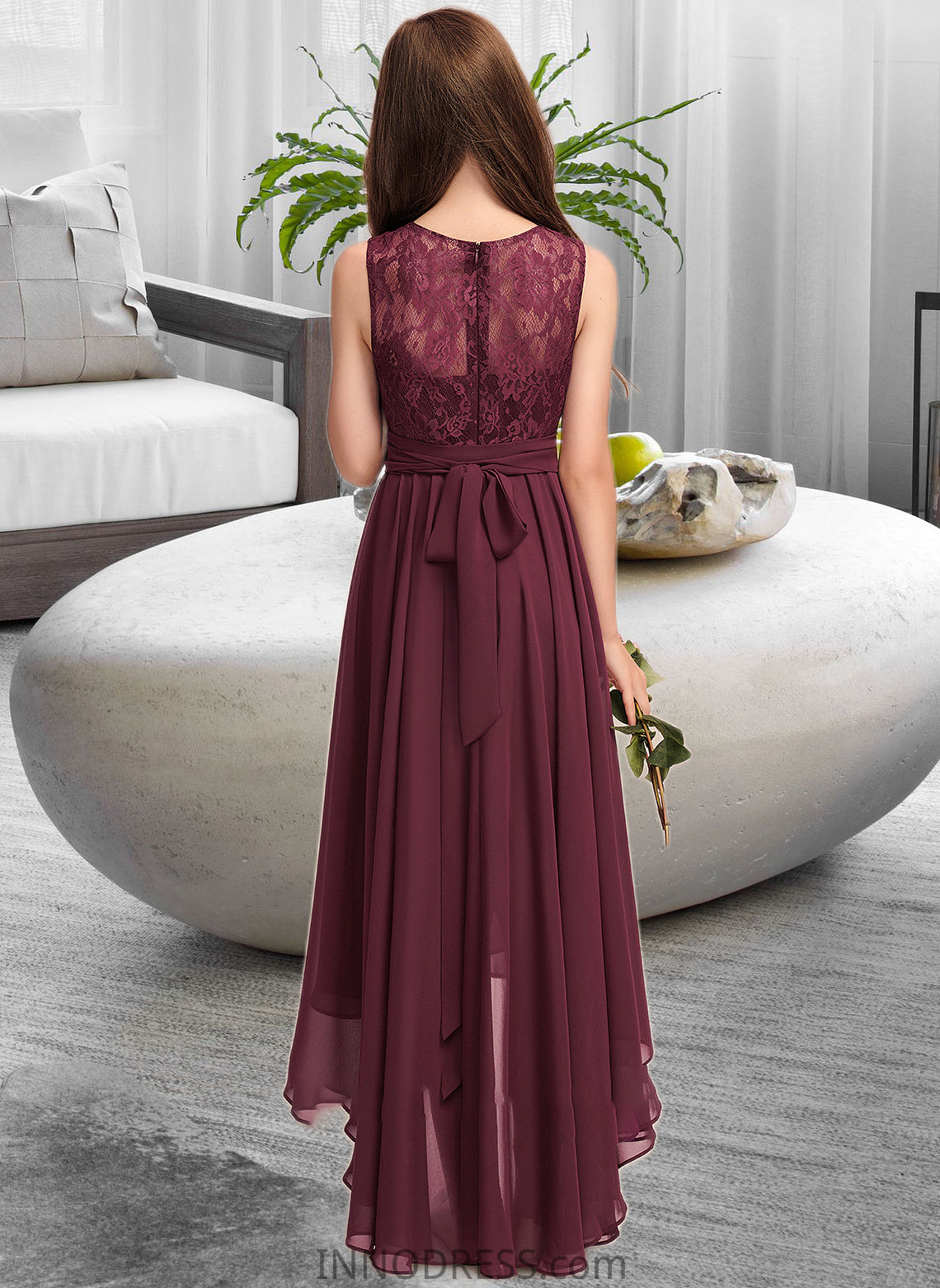 Kim A-Line Scoop Neck Asymmetrical Chiffon Lace Junior Bridesmaid Dress With Bow(s) DPP0013312