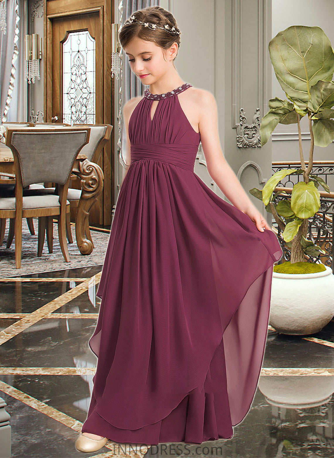 Irene A-Line Scoop Neck Floor-Length Chiffon Junior Bridesmaid Dress With Ruffle Beading DPP0013313