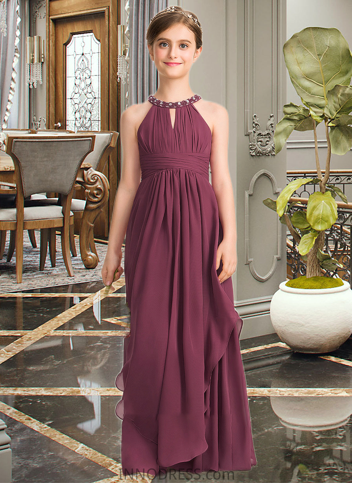 Irene A-Line Scoop Neck Floor-Length Chiffon Junior Bridesmaid Dress With Ruffle Beading DPP0013313