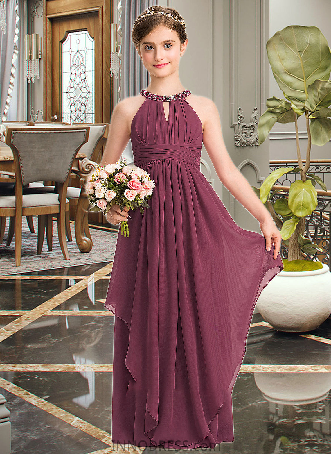 Irene A-Line Scoop Neck Floor-Length Chiffon Junior Bridesmaid Dress With Ruffle Beading DPP0013313