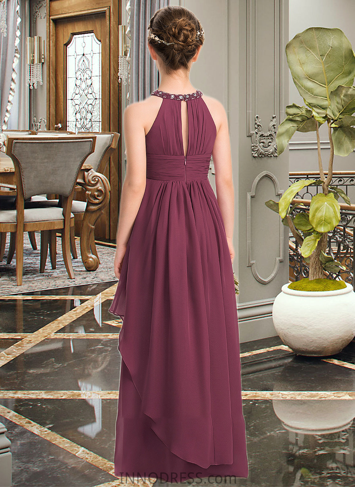 Irene A-Line Scoop Neck Floor-Length Chiffon Junior Bridesmaid Dress With Ruffle Beading DPP0013313