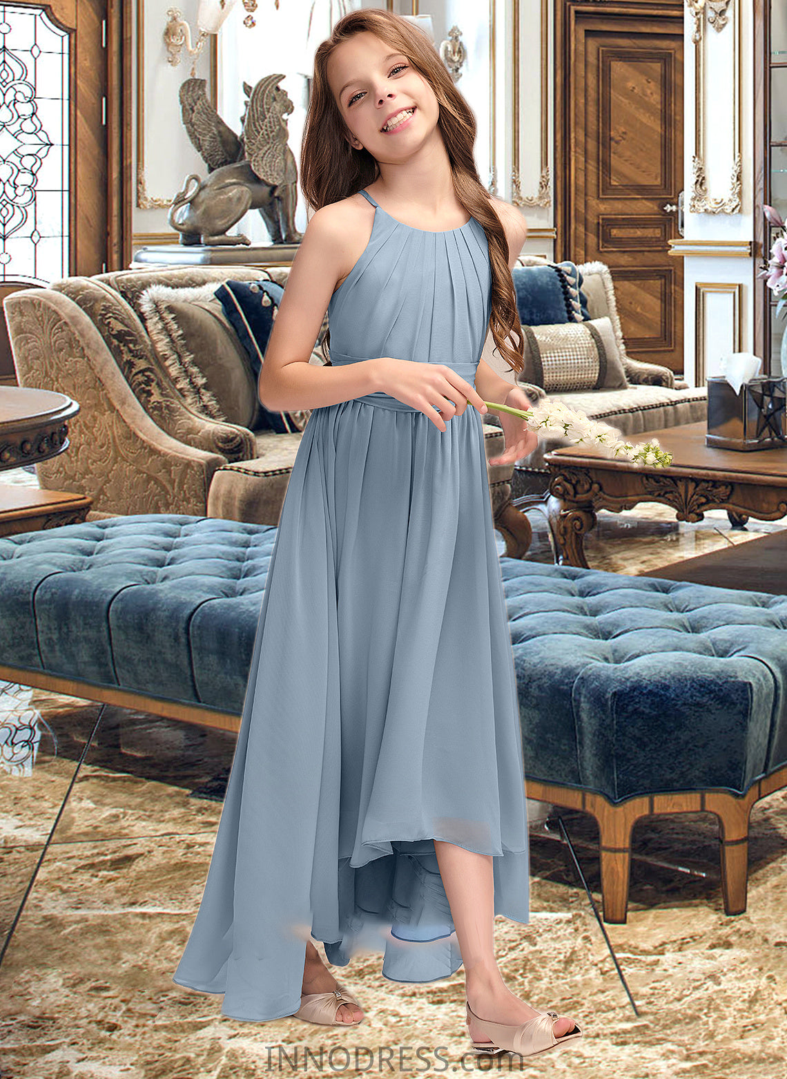 Isla A-Line Scoop Neck Asymmetrical Chiffon Junior Bridesmaid Dress With Ruffle Bow(s) DPP0013314