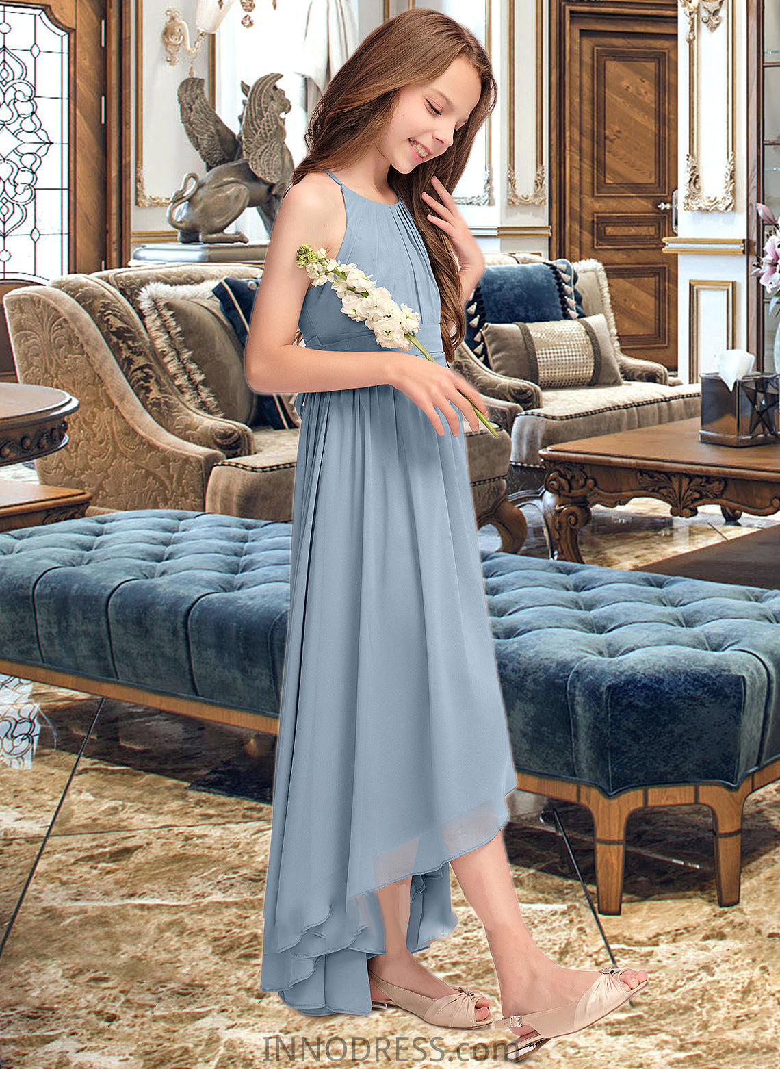 Isla A-Line Scoop Neck Asymmetrical Chiffon Junior Bridesmaid Dress With Ruffle Bow(s) DPP0013314