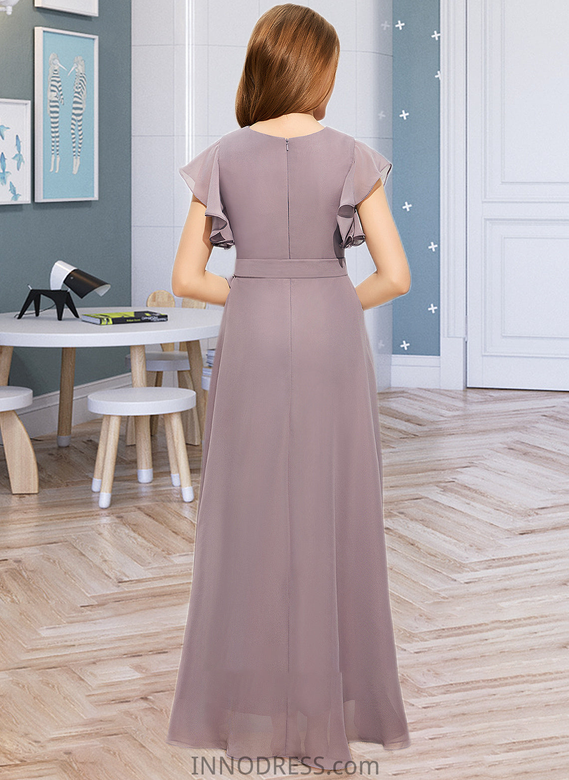 Donna A-Line V-neck Asymmetrical Chiffon Junior Bridesmaid Dress With Ruffle Bow(s) DPP0013315