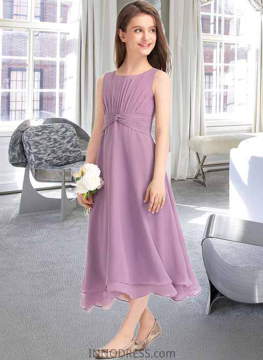 Martina A-Line Scoop Neck Tea-Length Chiffon Junior Bridesmaid Dress With Ruffle DPP0013317