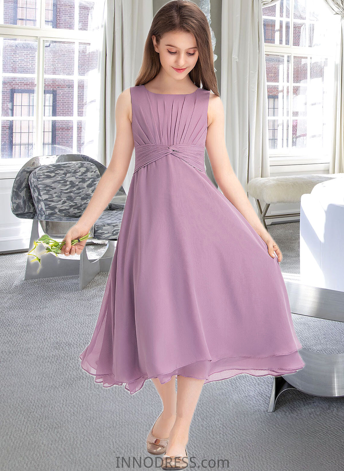 Martina A-Line Scoop Neck Tea-Length Chiffon Junior Bridesmaid Dress With Ruffle DPP0013317