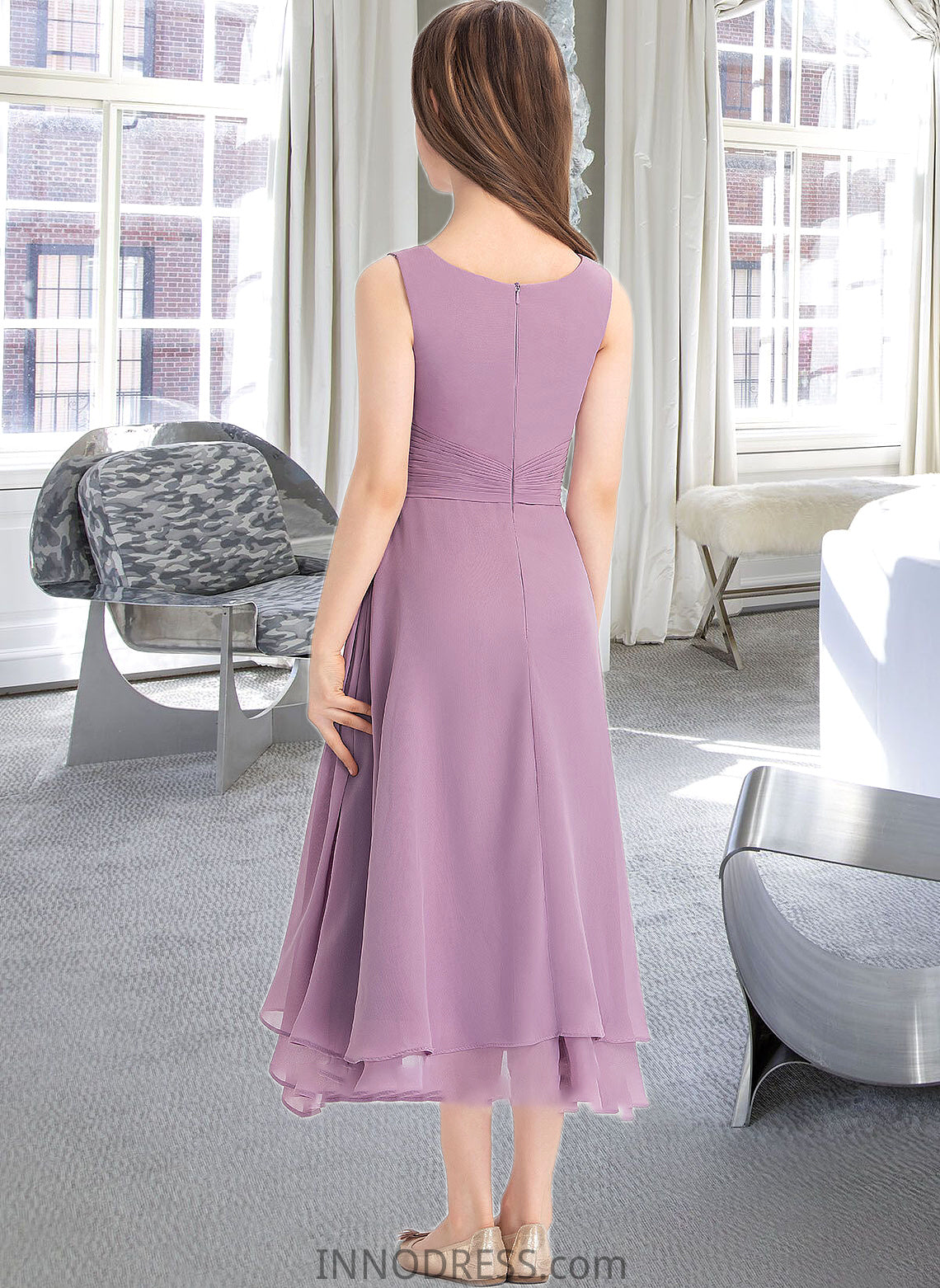 Martina A-Line Scoop Neck Tea-Length Chiffon Junior Bridesmaid Dress With Ruffle DPP0013317