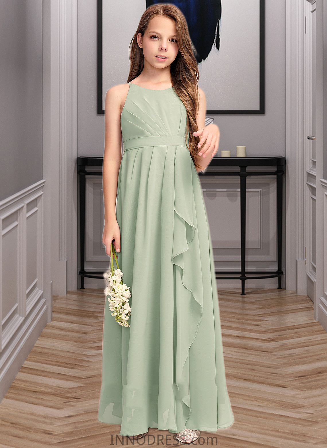 Maribel A-Line Scoop Neck Floor-Length Chiffon Junior Bridesmaid Dress With Cascading Ruffles DPP0013318