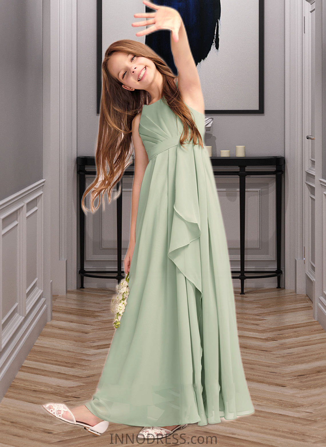 Maribel A-Line Scoop Neck Floor-Length Chiffon Junior Bridesmaid Dress With Cascading Ruffles DPP0013318