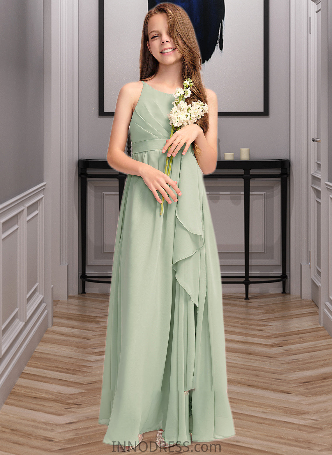 Maribel A-Line Scoop Neck Floor-Length Chiffon Junior Bridesmaid Dress With Cascading Ruffles DPP0013318