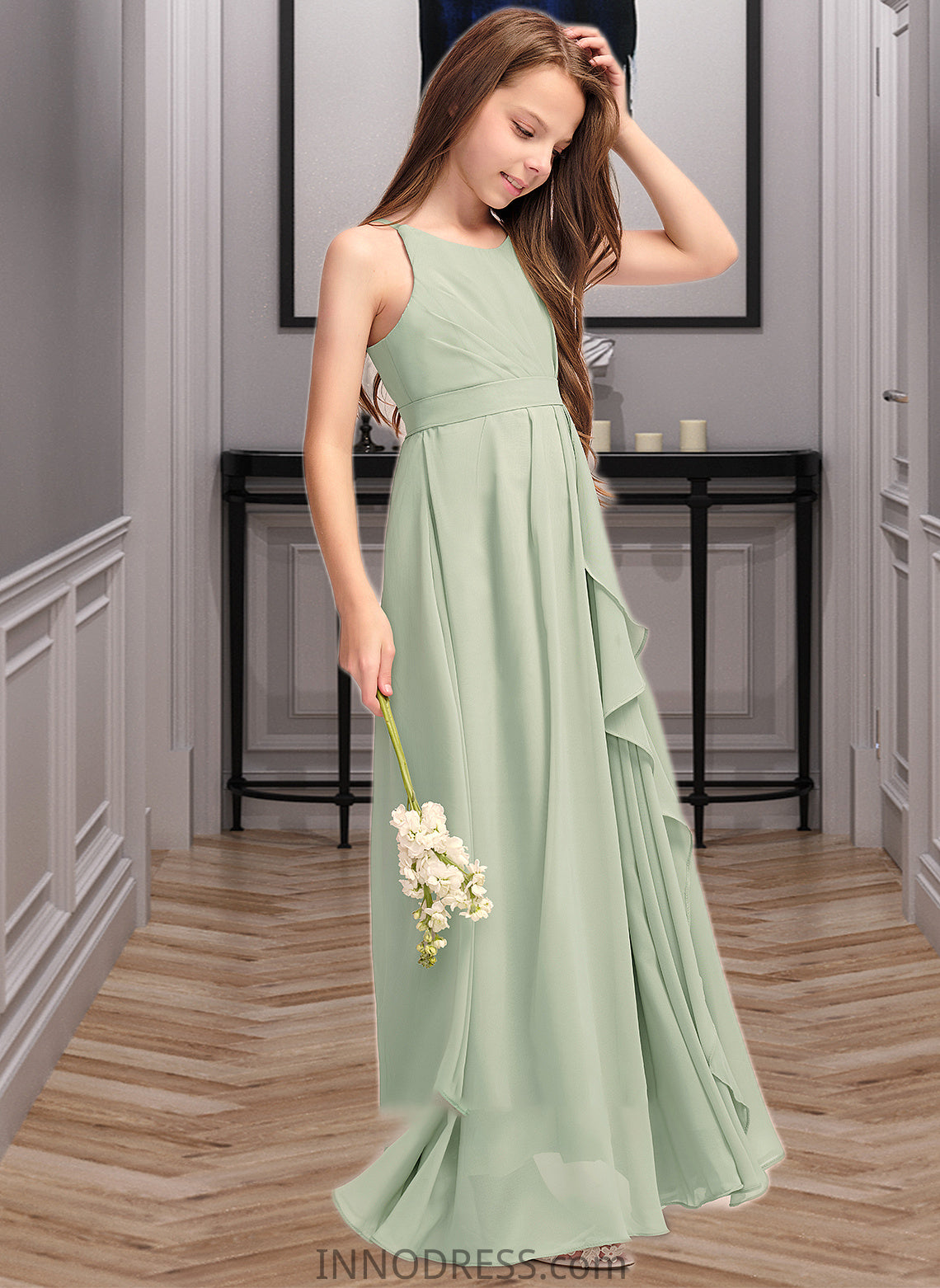 Maribel A-Line Scoop Neck Floor-Length Chiffon Junior Bridesmaid Dress With Cascading Ruffles DPP0013318