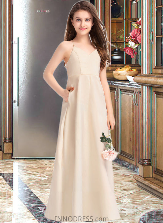 Mareli A-Line V-neck Floor-Length Satin Junior Bridesmaid Dress With Pockets DPP0013319