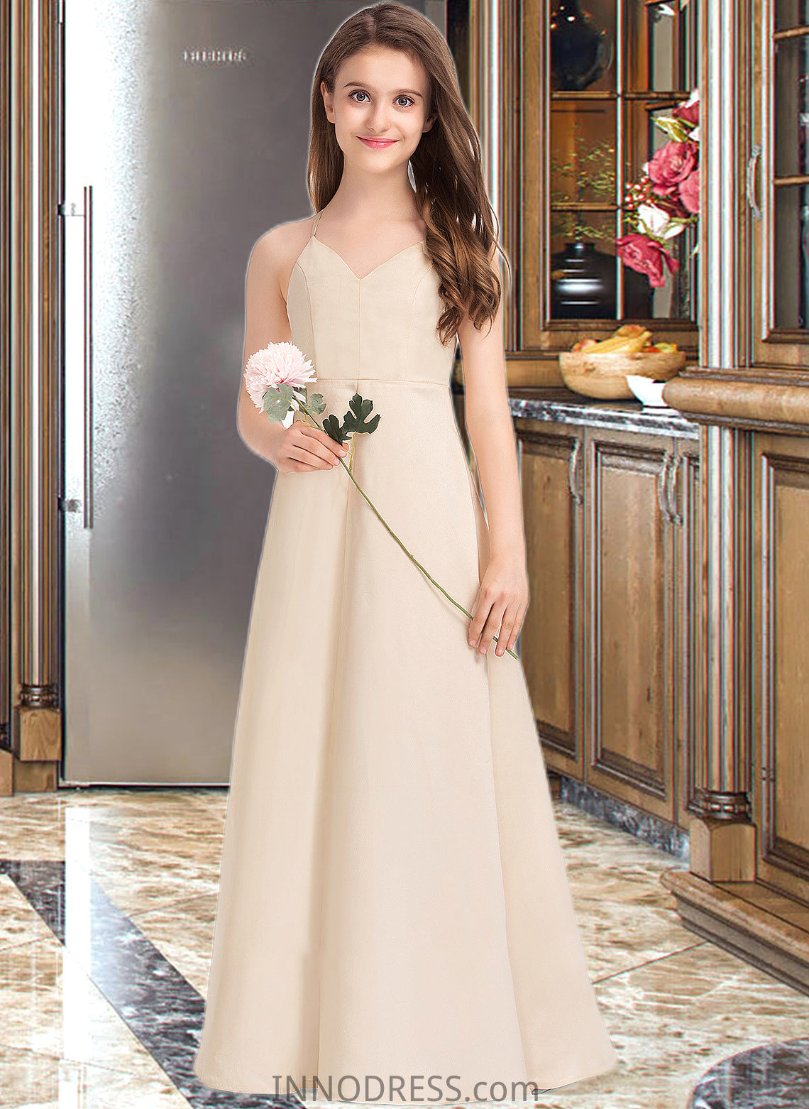 Mareli A-Line V-neck Floor-Length Satin Junior Bridesmaid Dress With Pockets DPP0013319