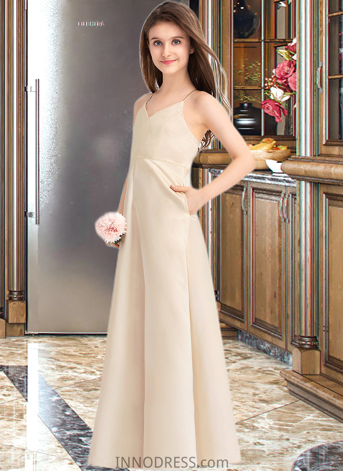 Mareli A-Line V-neck Floor-Length Satin Junior Bridesmaid Dress With Pockets DPP0013319