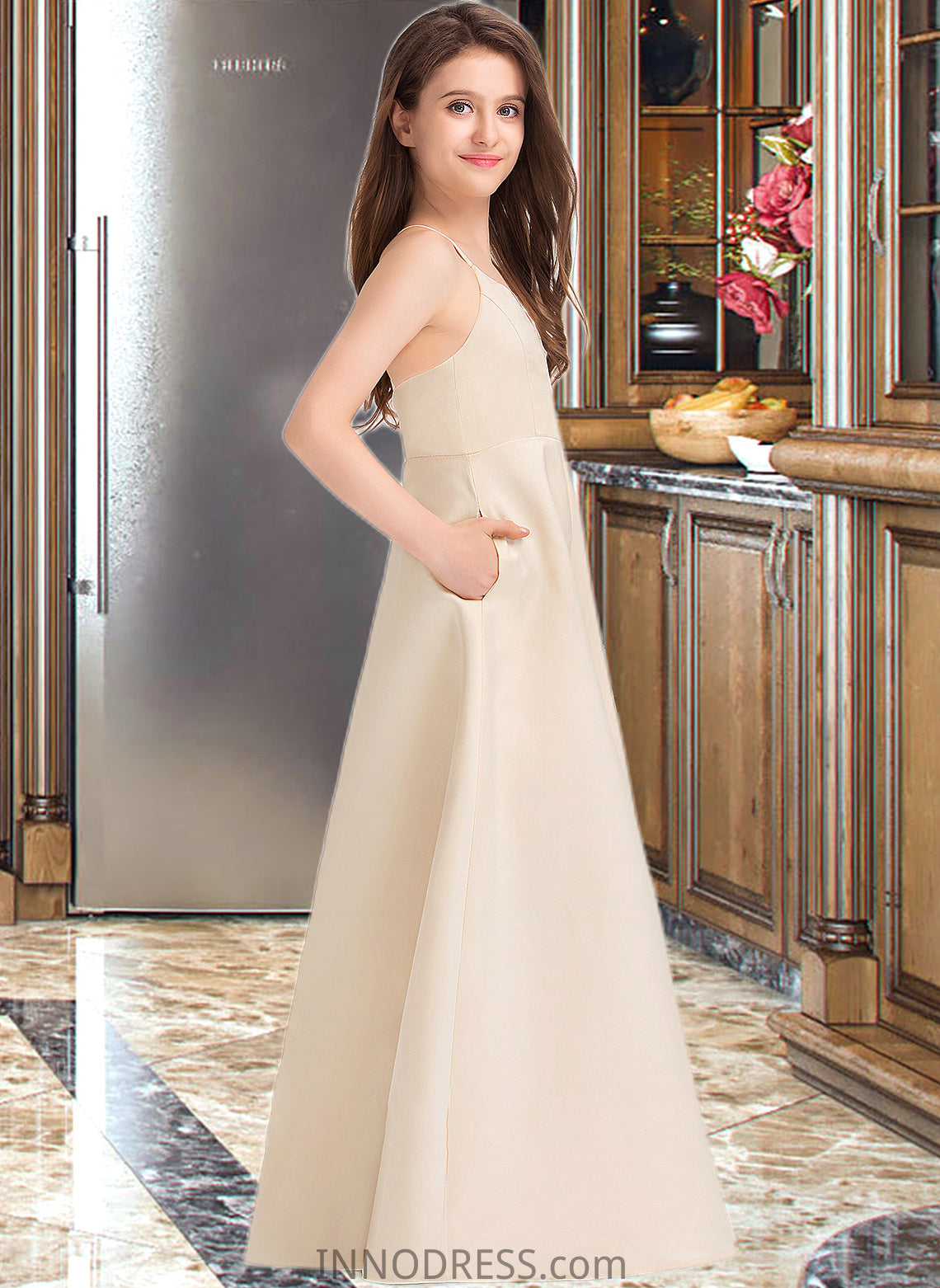 Mareli A-Line V-neck Floor-Length Satin Junior Bridesmaid Dress With Pockets DPP0013319