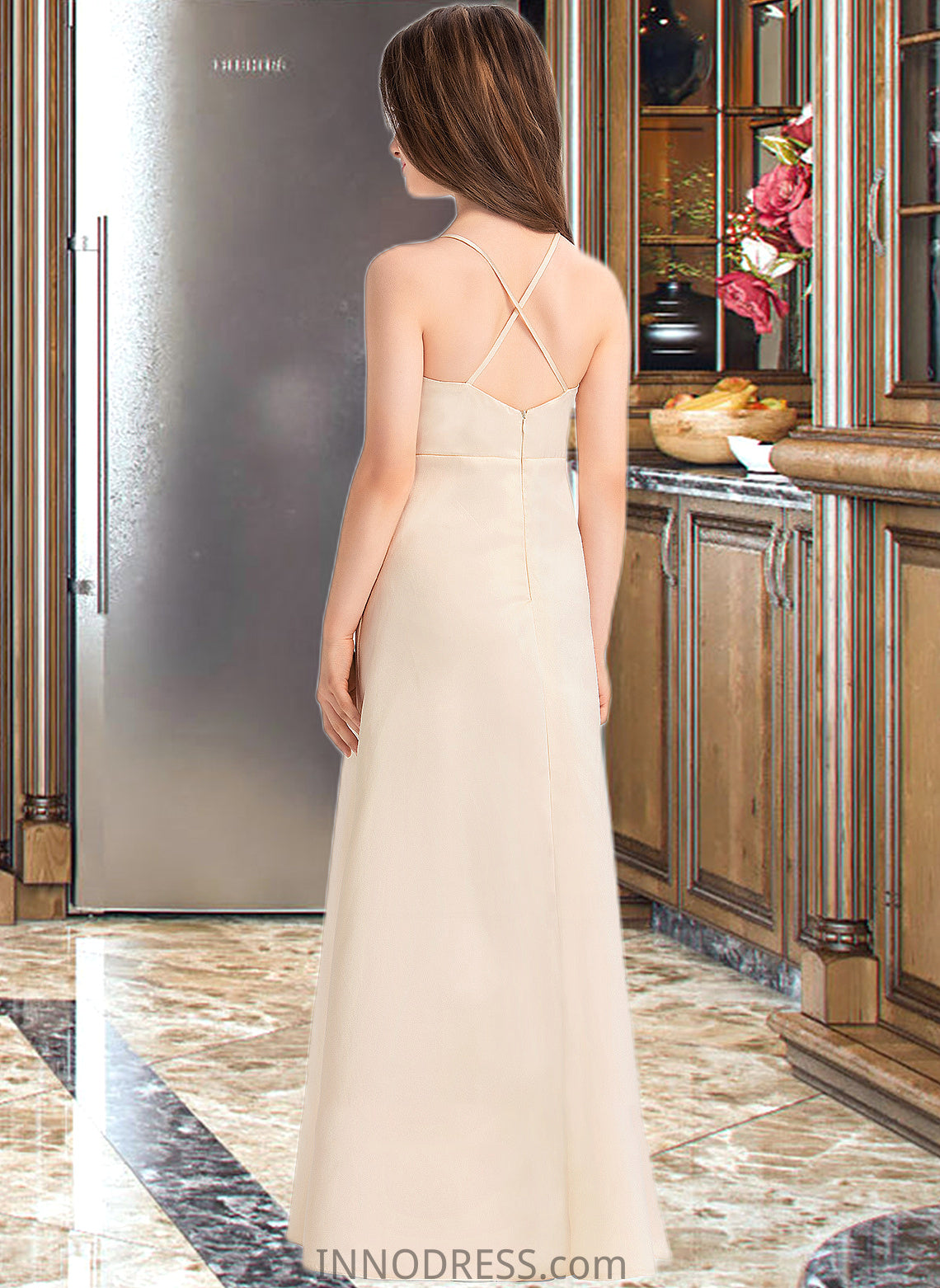 Mareli A-Line V-neck Floor-Length Satin Junior Bridesmaid Dress With Pockets DPP0013319