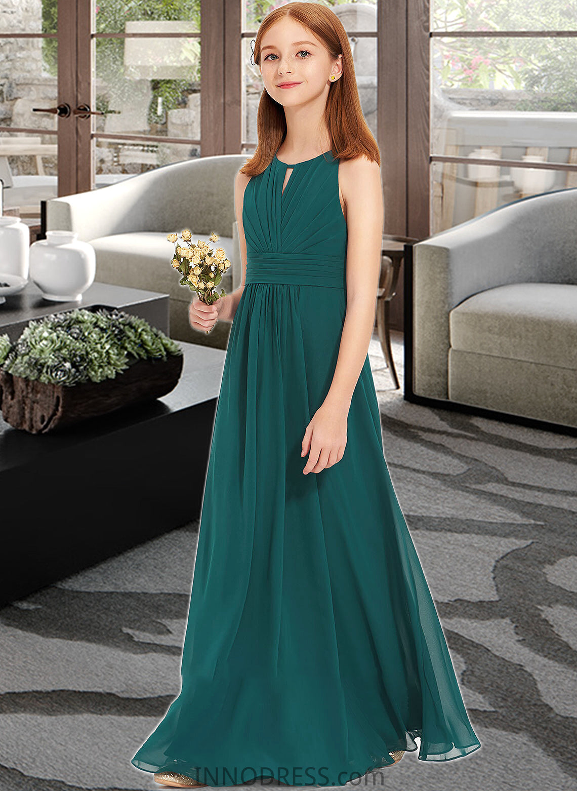 Karen A-Line Scoop Neck Floor-Length Chiffon Junior Bridesmaid Dress With Ruffle DPP0013320